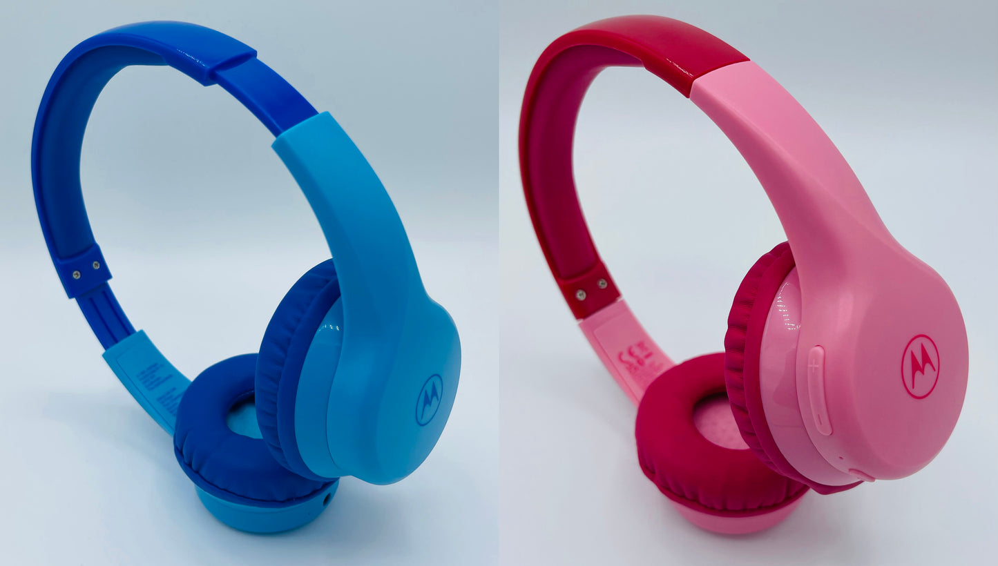 Motorola Sound Moto JR300 - Bluetooth Kinderkopfhörer - mit Lautstärkebegrenzung und Audio-Splitter - Blau und Pink