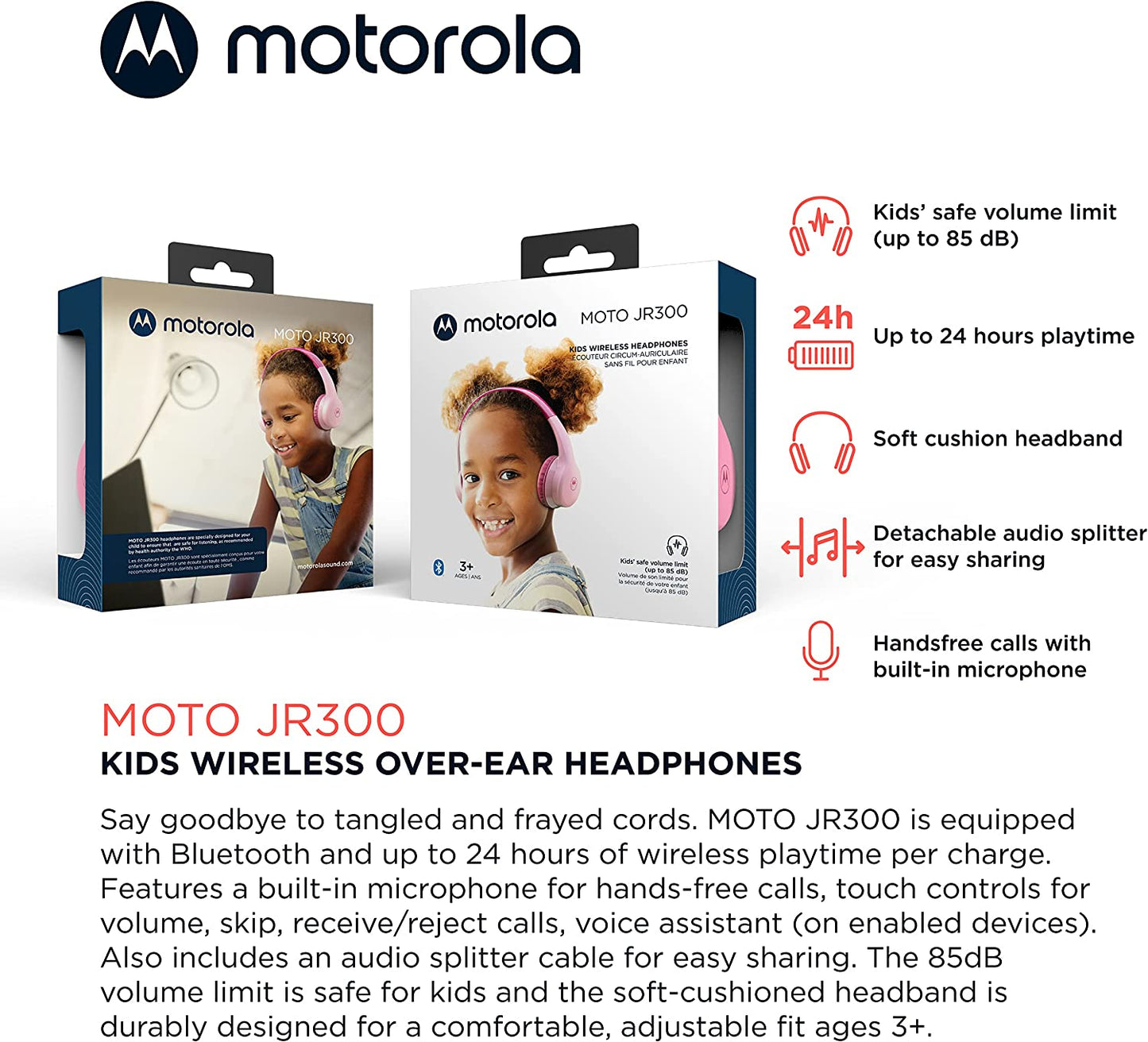 Motorola Sound Moto JR300 - Bluetooth Kinderkopfhörer - mit Lautstärkebegrenzung und Audio-Splitter - Blau und Pink