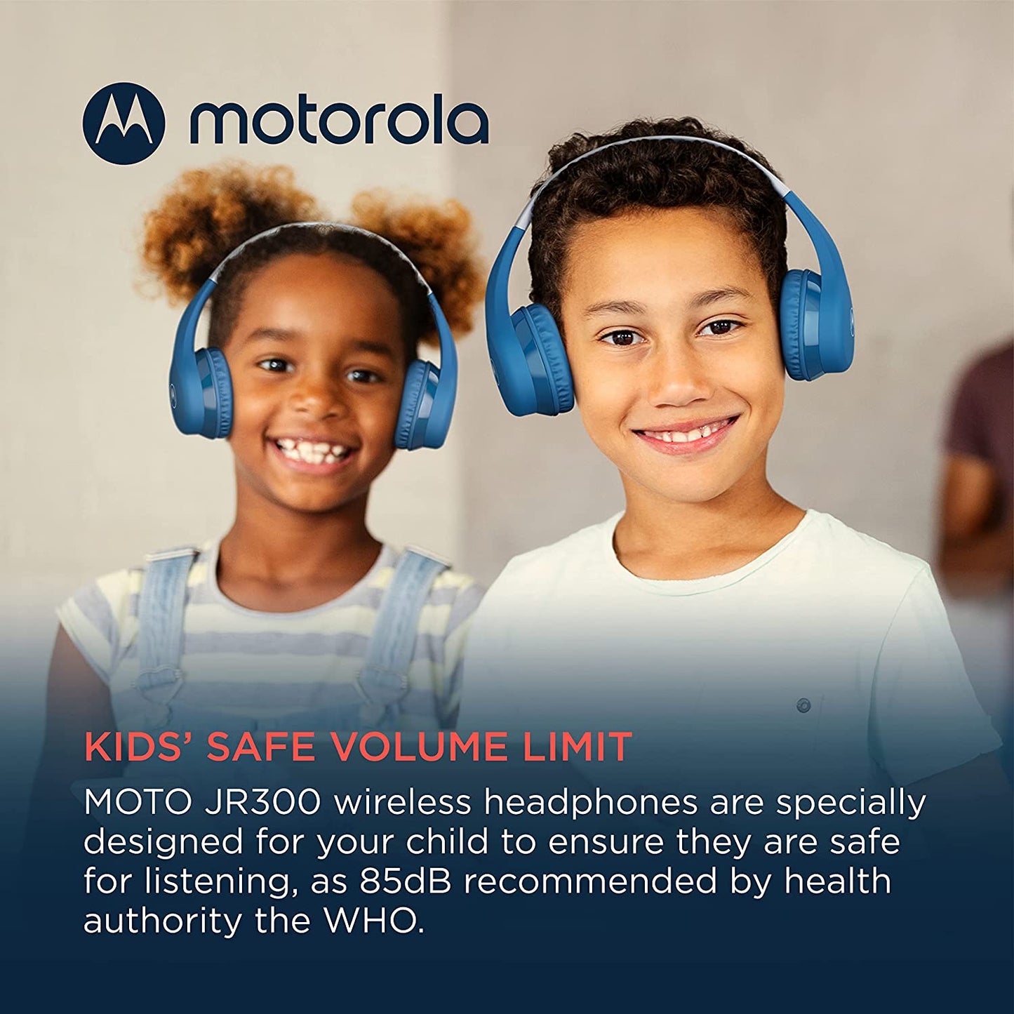 Motorola Sound Moto JR300 - Bluetooth Kinderkopfhörer - mit Lautstärkebegrenzung und Audio-Splitter - Blau und Pink