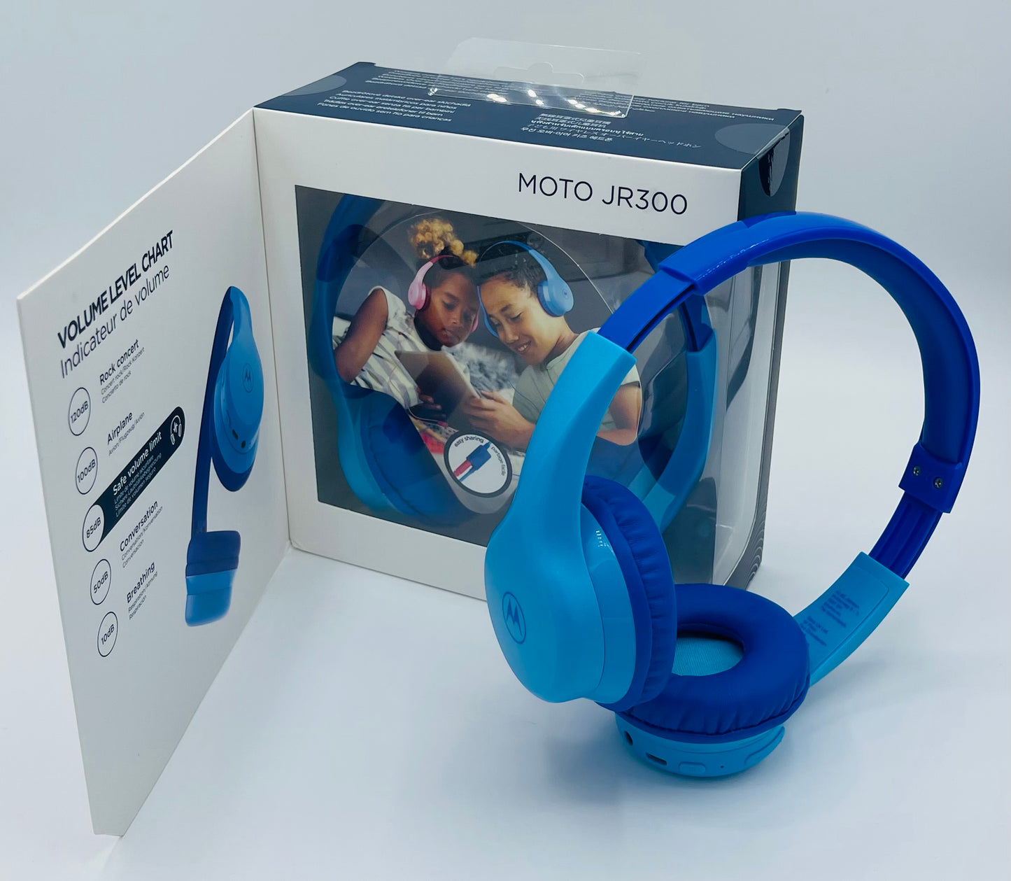 Motorola Sound Moto JR300 - Bluetooth Kinderkopfhörer - mit Lautstärkebegrenzung und Audio-Splitter - Blau und Pink